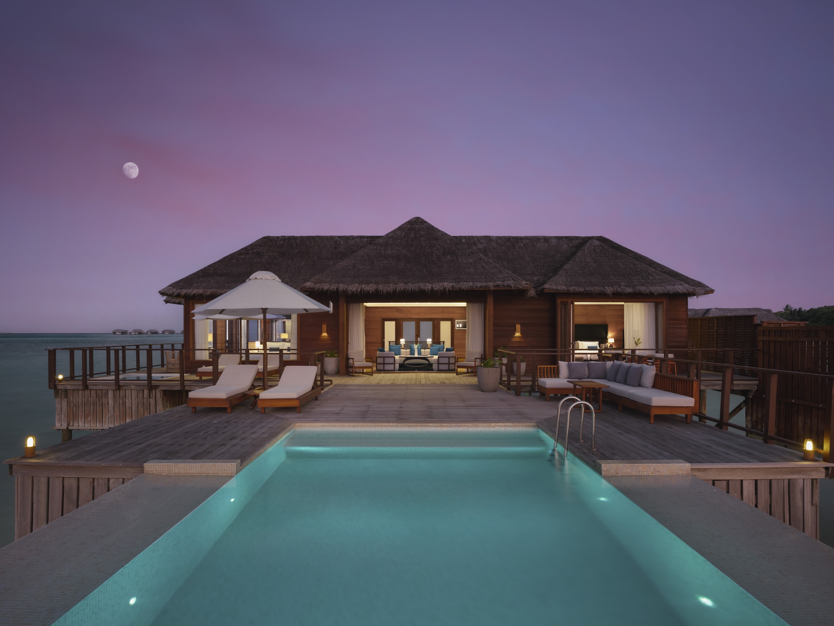 Conrad Maldives Rangali Island - Rangali Ocean Pavilion with Pool - Two Bedroom - Deck View at Night